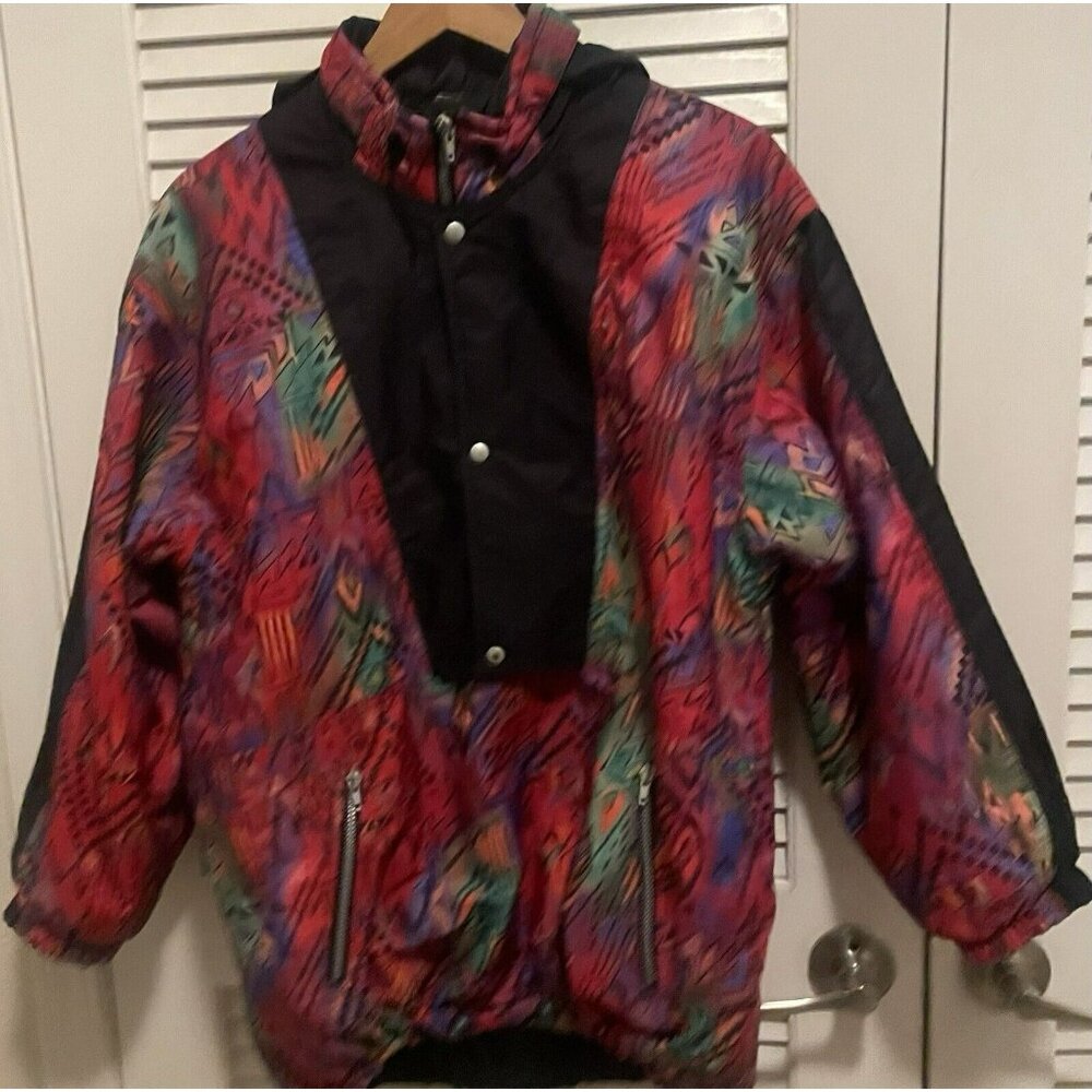 Vintage All Over Print Pullover 1/2 Zip Button Jacket w Hoodie